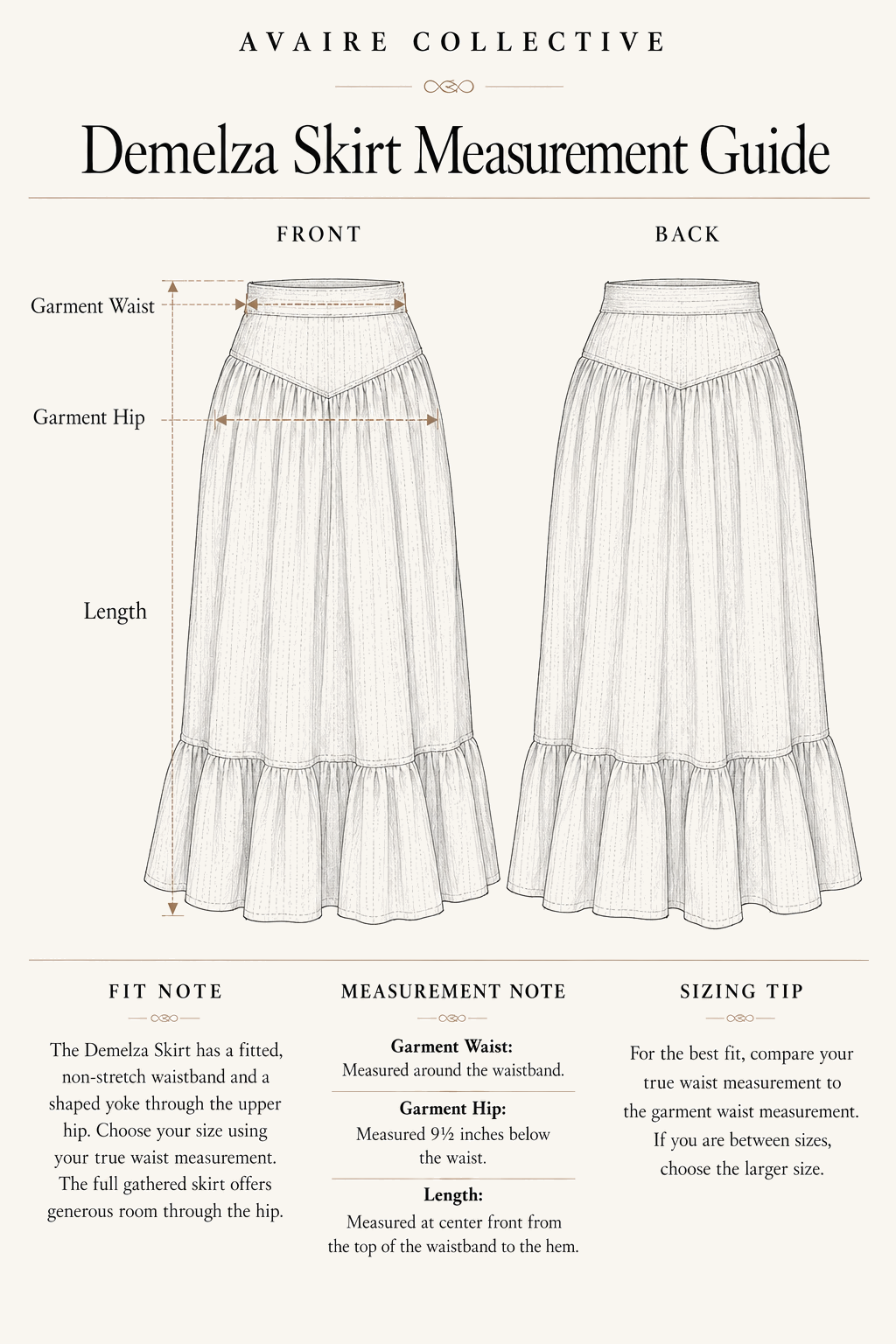 Demelza Skirt measurement guide showing where waist, hip, and length are measured