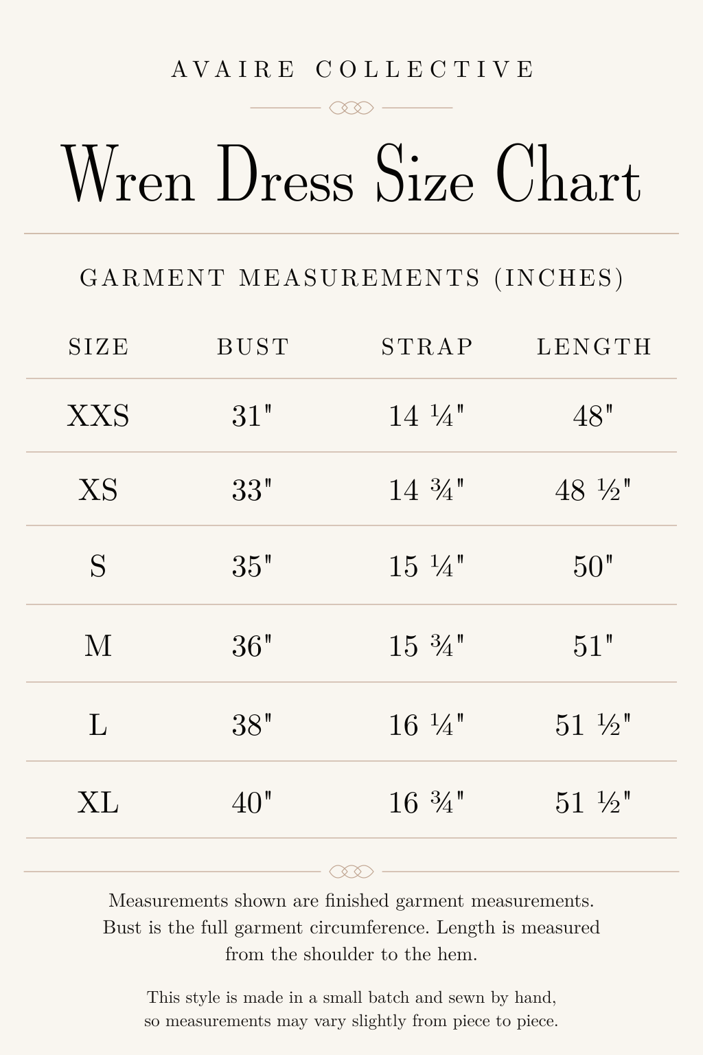 Wren Dress size chart with bust, strap, and length garment measurements for sizes XXS to XL