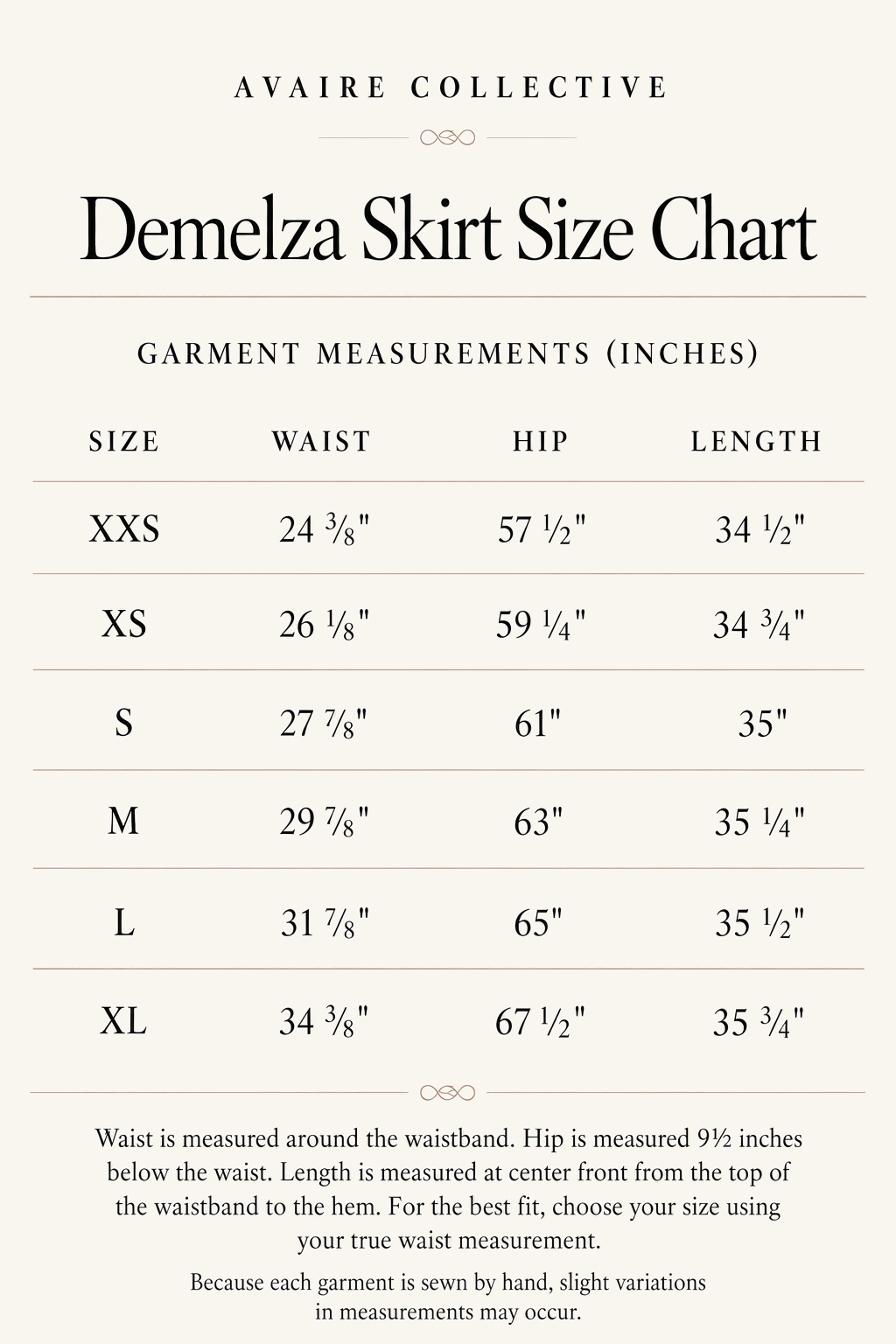 Demelza Skirt size chart with garment waist, hip, and length measurements for sizes XXS to XL