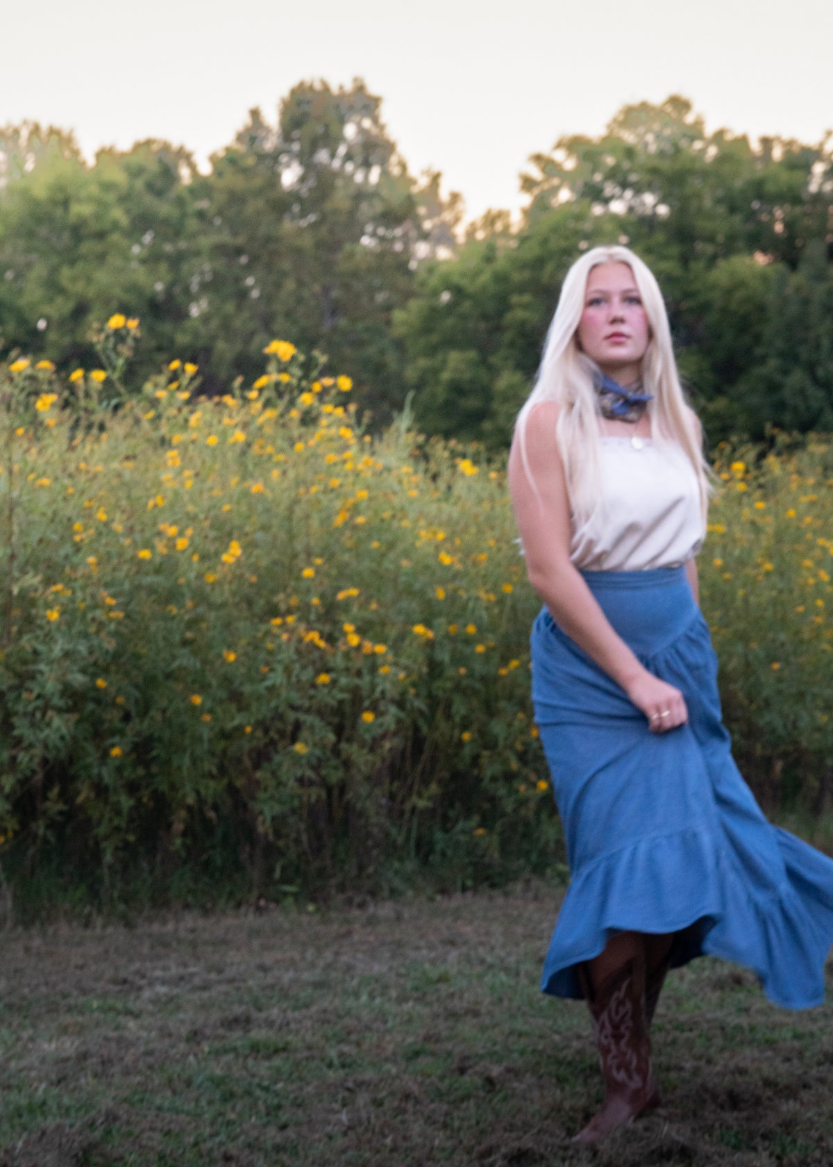 Demelza Skirt in motion, the full gathered chambray skirt and ruffled hem swaying