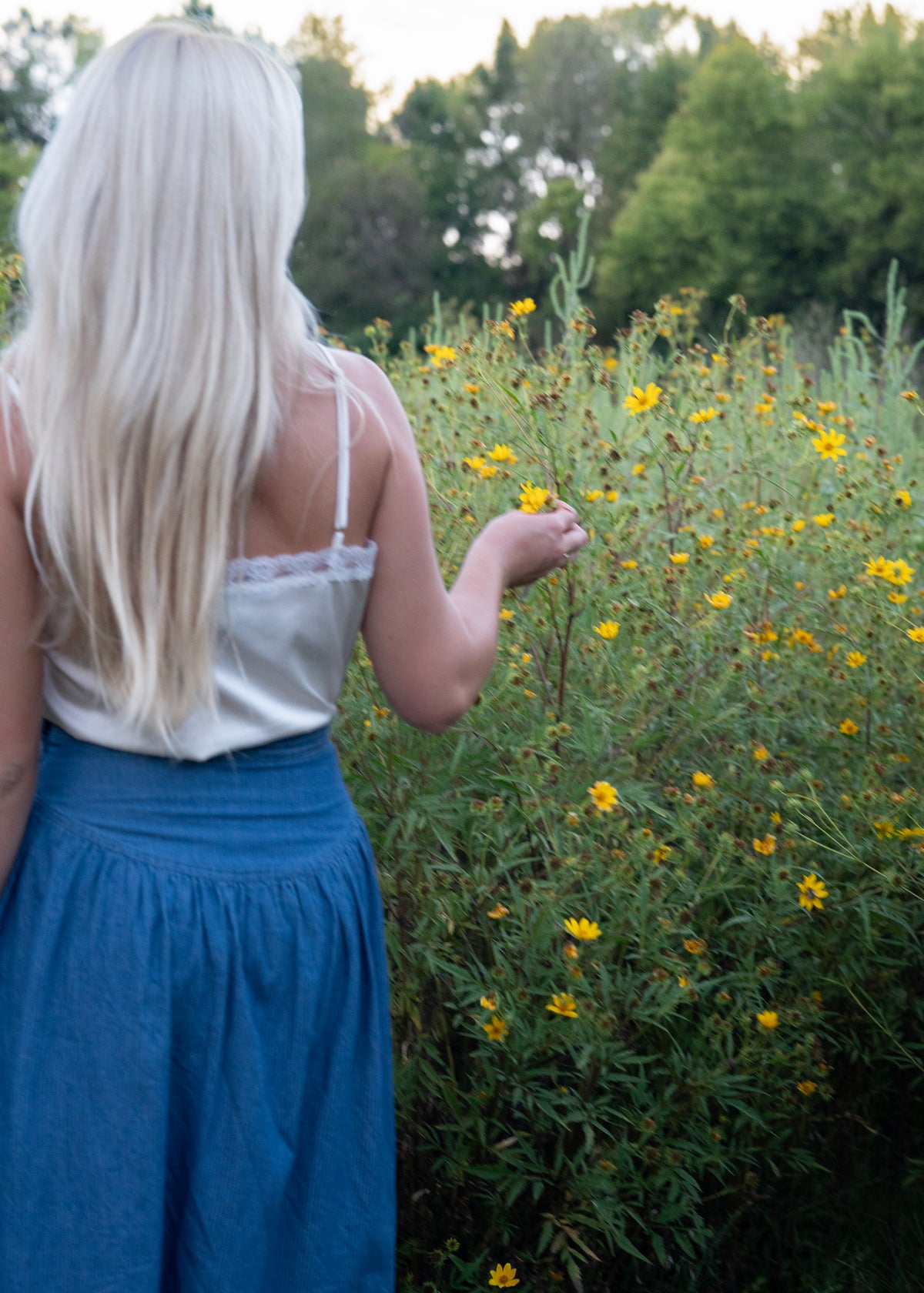 Close back view of the Demelza Skirt showing the fitted waistband and V yoke with gathering