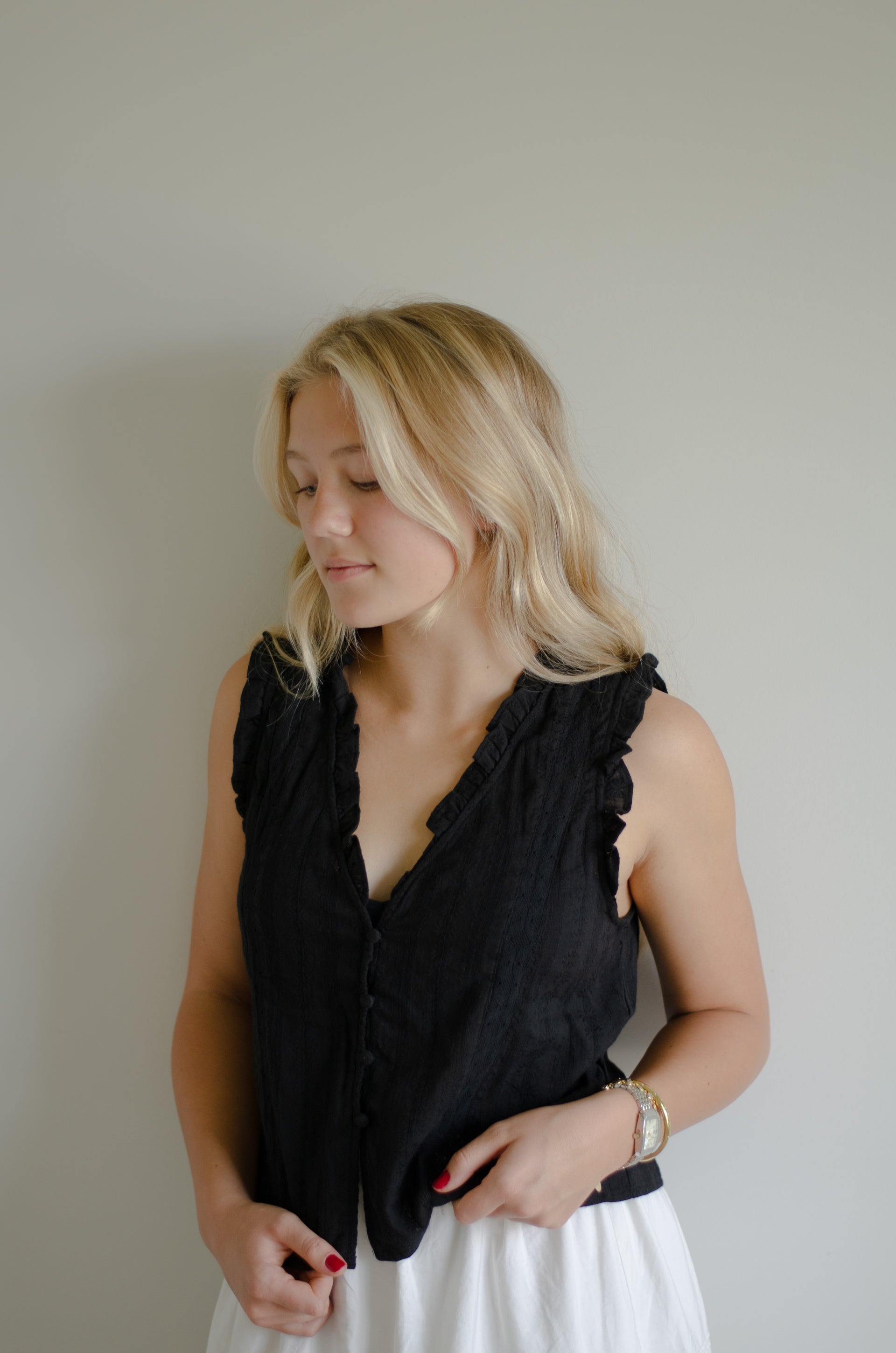 Ruffle Trim Button Top- Final Sale